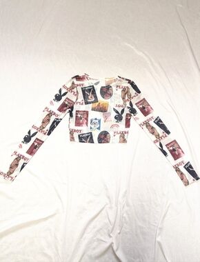 Y2K Sheer Mesh Playboy Long sleeve Cropped Top APPROX XS READ